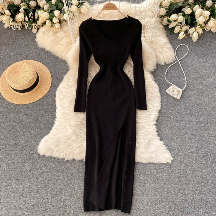 Women’s Long-Sleeve Ribbed Knit Bodycon Dress | Maxi