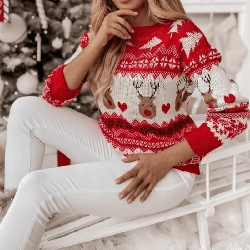 Women's Winter Christmas Red Knit Crew Neck Sweater | Long Sleeve