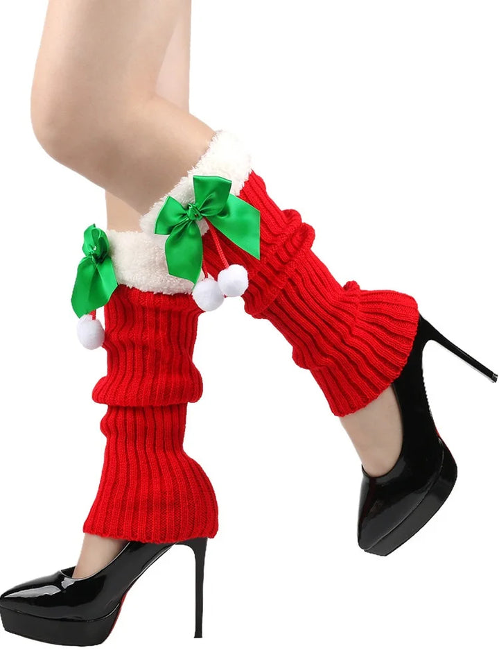 Women’s Knitted Christmas Leg Warmers with Bow | Ribbed