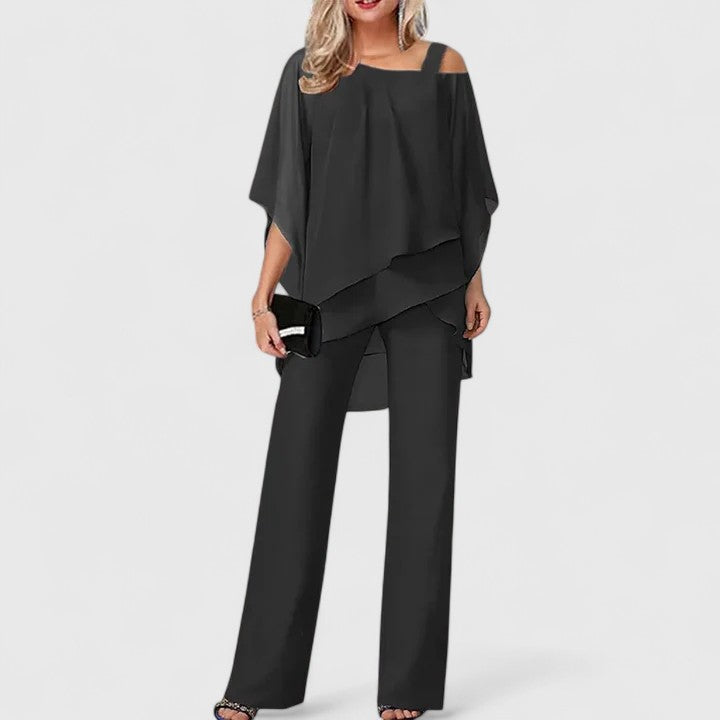 Women's Elegant Drape Blouse and Wide Leg Pants Set | Two-Piece