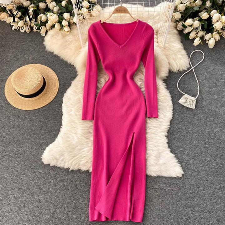 Women’s Long-Sleeve Ribbed Knit Bodycon Dress | Maxi