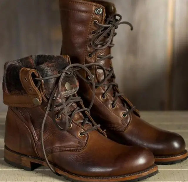 Women's Lace Up Combat Brown Boots | Heel