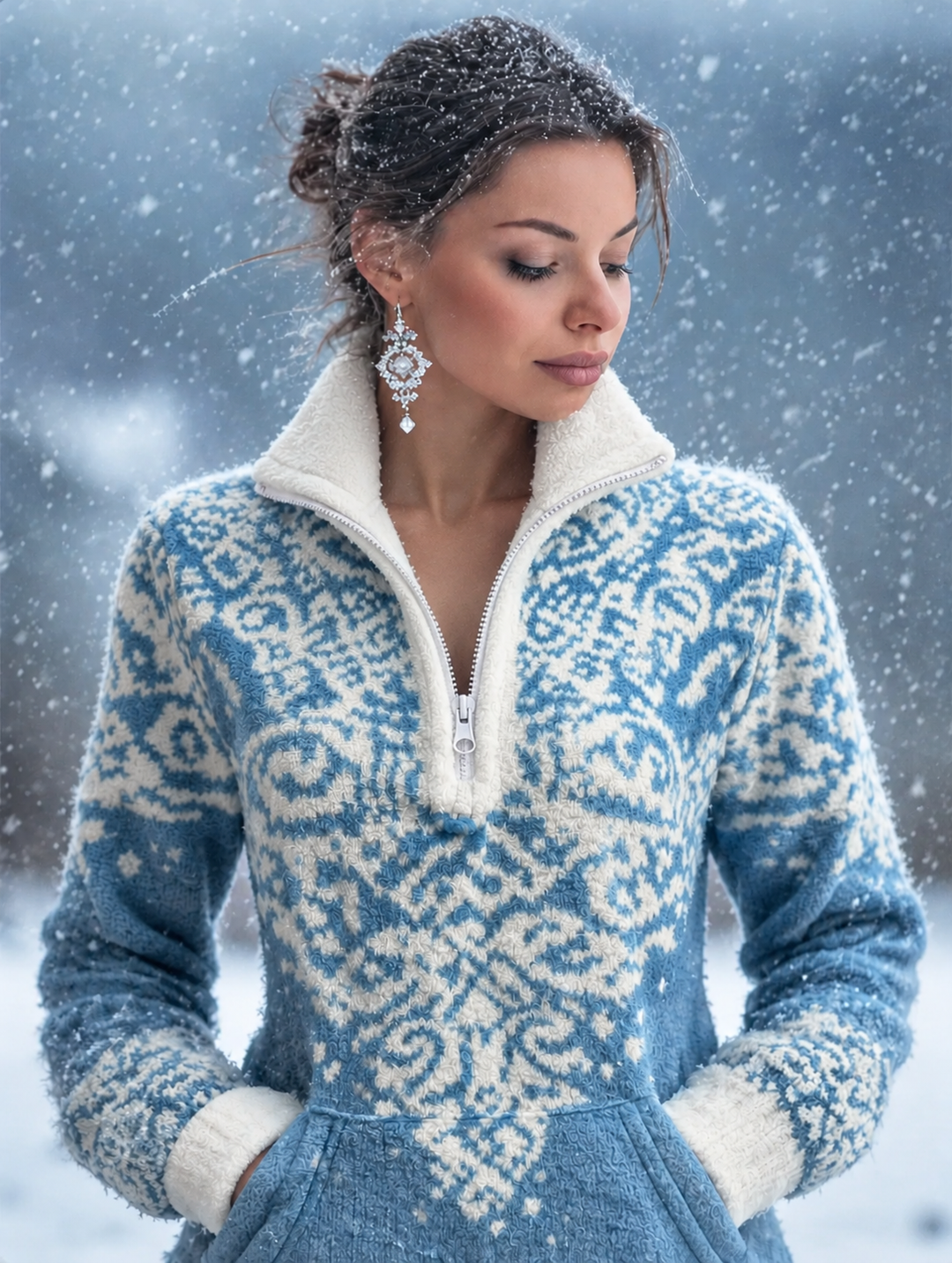 Women's Quarter Zip Blue Knit Jumper | Turtle Neck