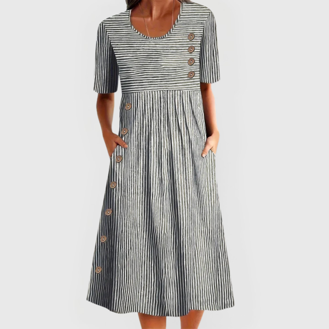 Women's Casual Side Button Detail Striped Dress | Midi