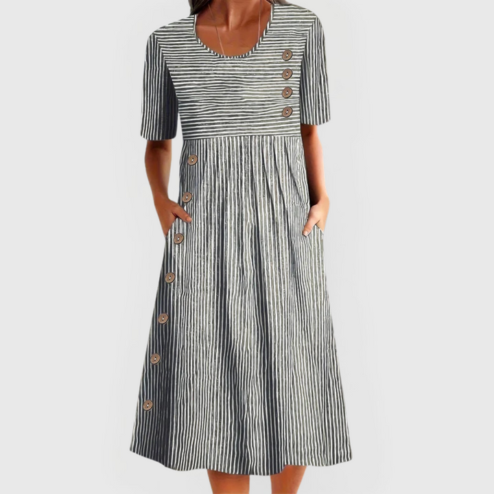 Women's Casual Side Button Detail Striped Dress | Midi