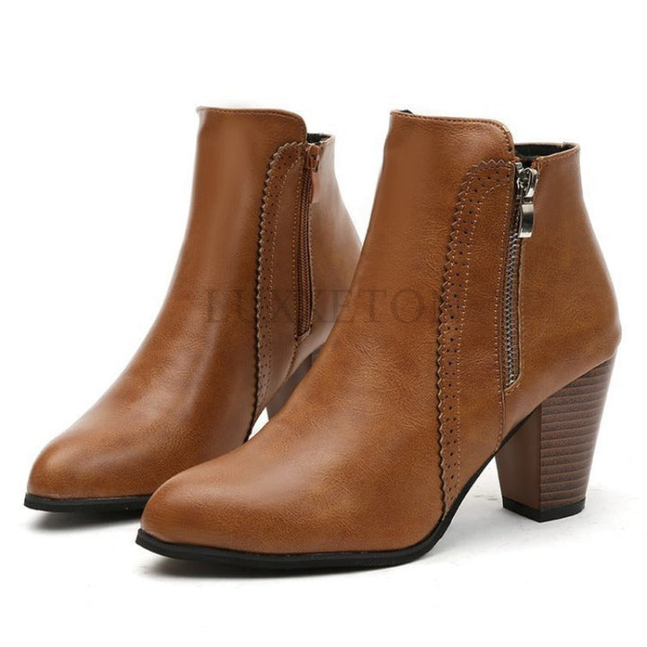 Women's Zipper Block Heel Ankle Boots | Pointed Toe