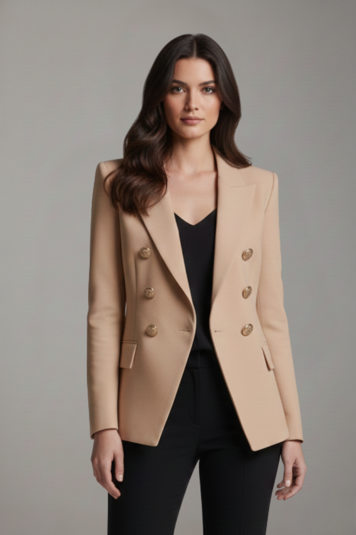 Women’s Elegant Double-Breasted Blazer with Gold-Tone Button Details | Formal