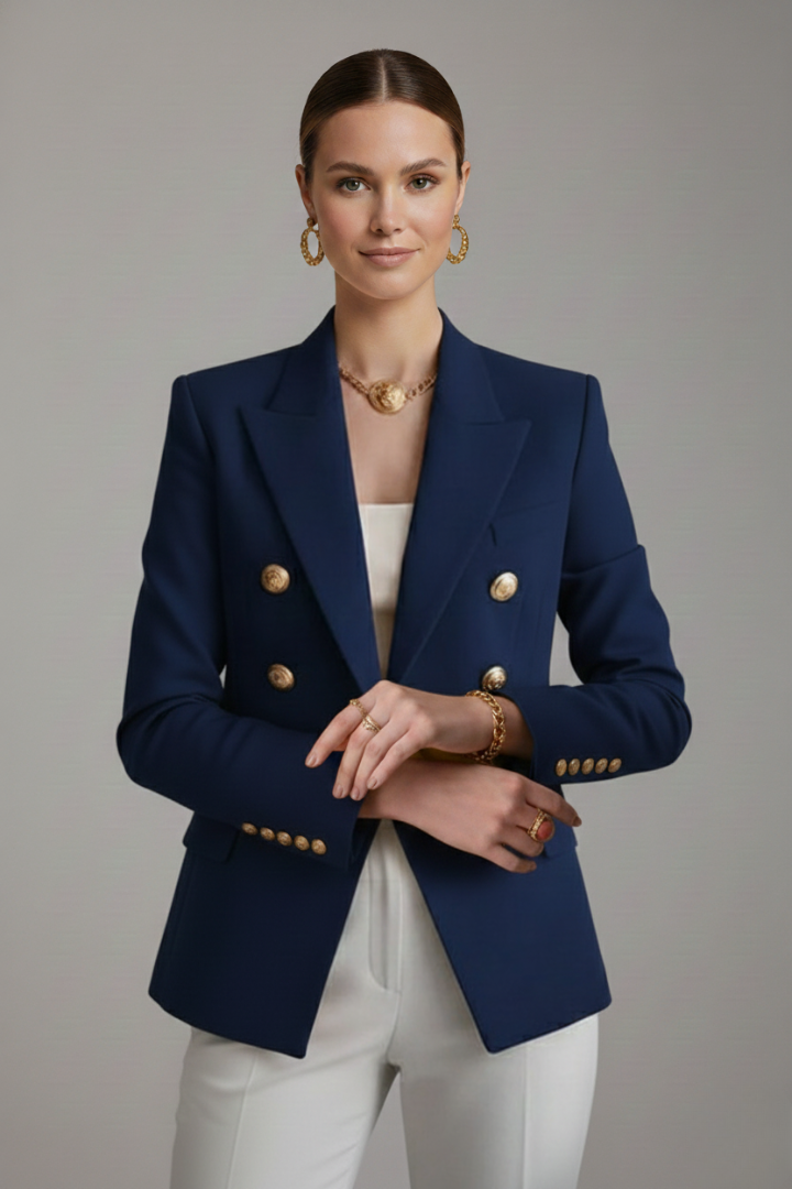 Women’s Elegant Double-Breasted Blazer with Gold-Tone Button Details | Formal