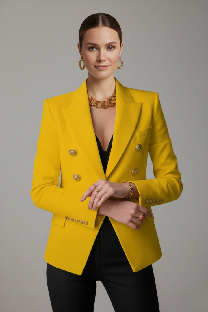 Women’s Elegant Double-Breasted Blazer with Gold-Tone Button Details | Formal