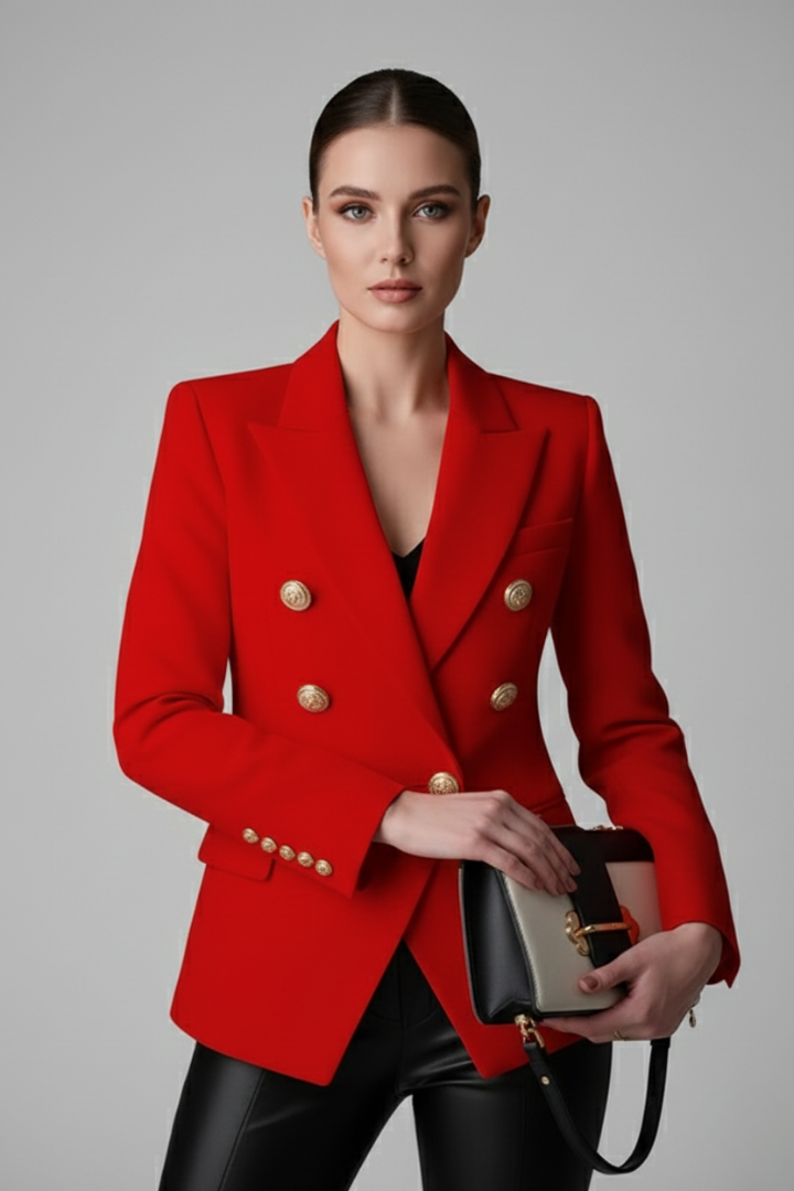 Women’s Elegant Double-Breasted Blazer with Gold-Tone Button Details | Formal