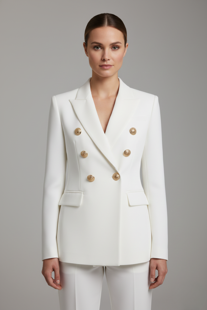 Women’s Elegant Double-Breasted Blazer with Gold-Tone Button Details | Formal