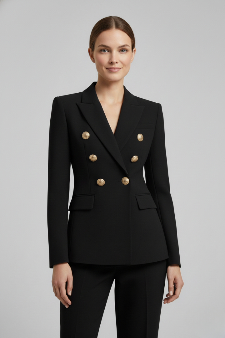 Women’s Elegant Double-Breasted Blazer with Gold-Tone Button Details | Formal