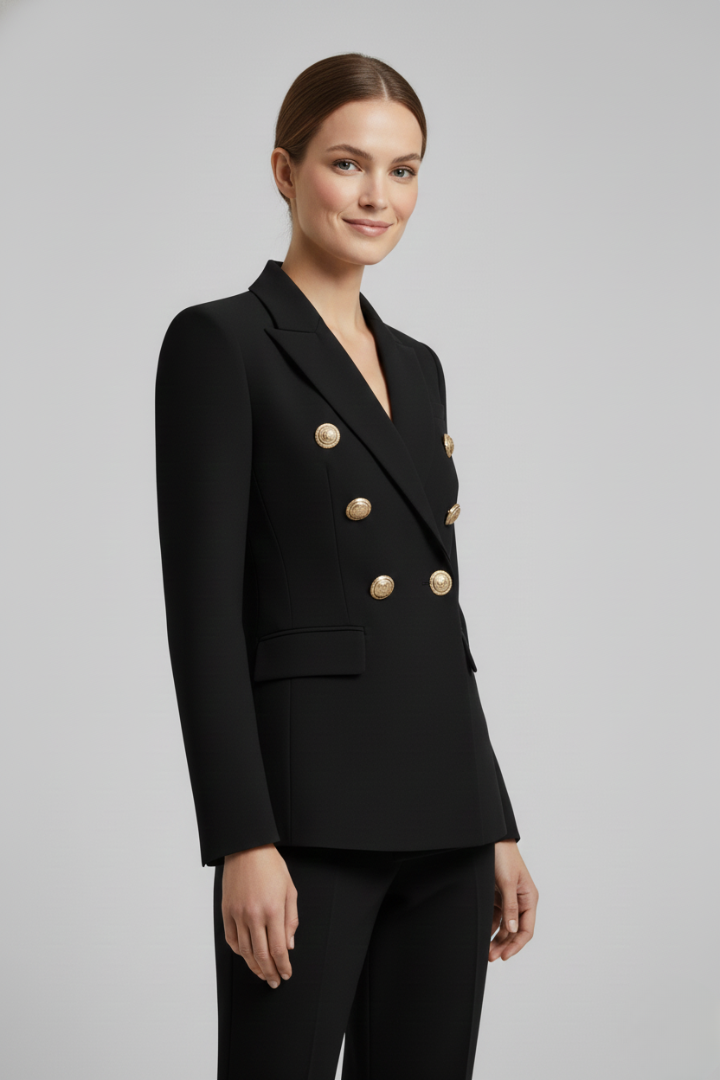 Women’s Elegant Double-Breasted Blazer with Gold-Tone Button Details | Formal