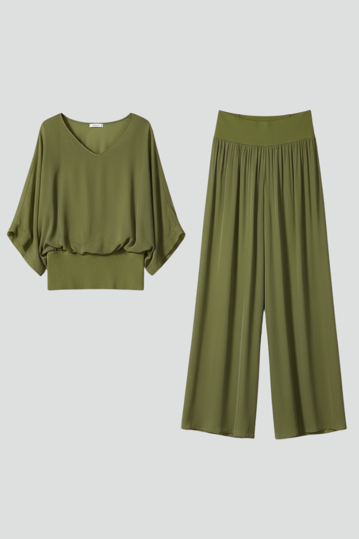 Women’s Elegant Relaxed Fit Draped Wide-Leg Set | Two-Piece