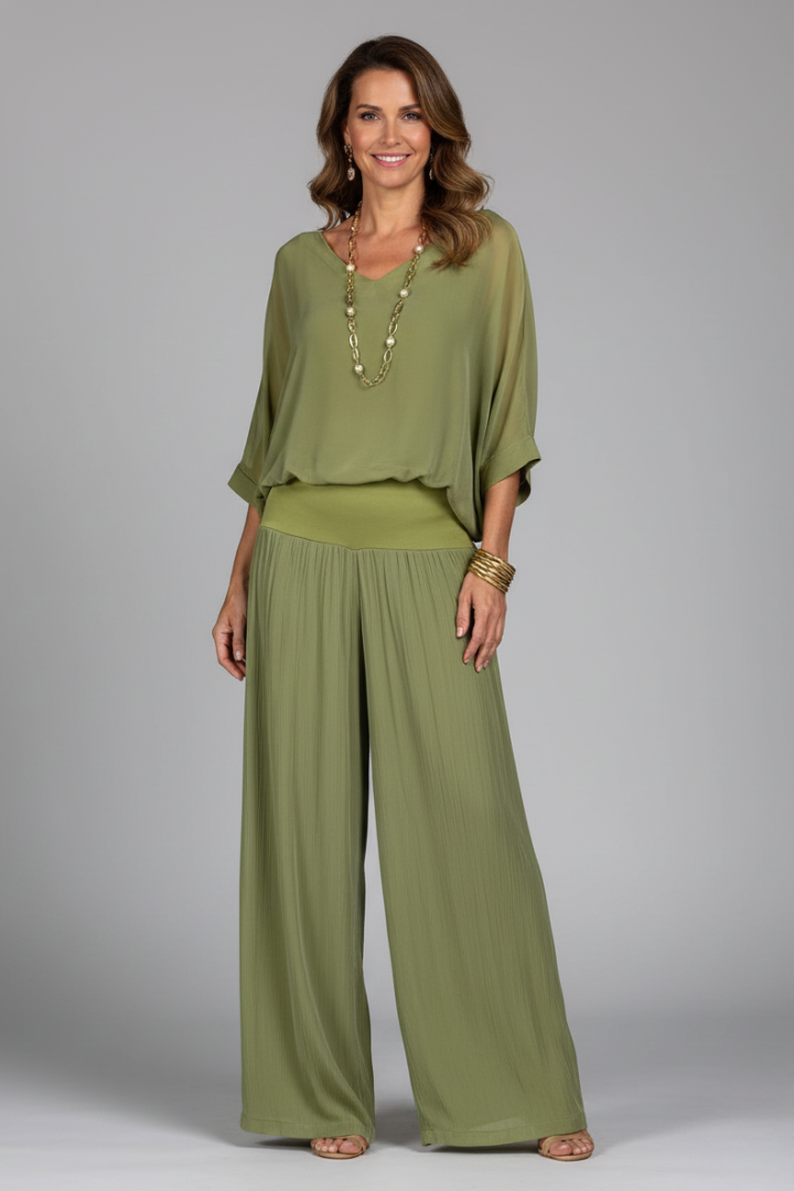 Women’s Elegant Relaxed Fit Draped Wide-Leg Set | Two-Piece