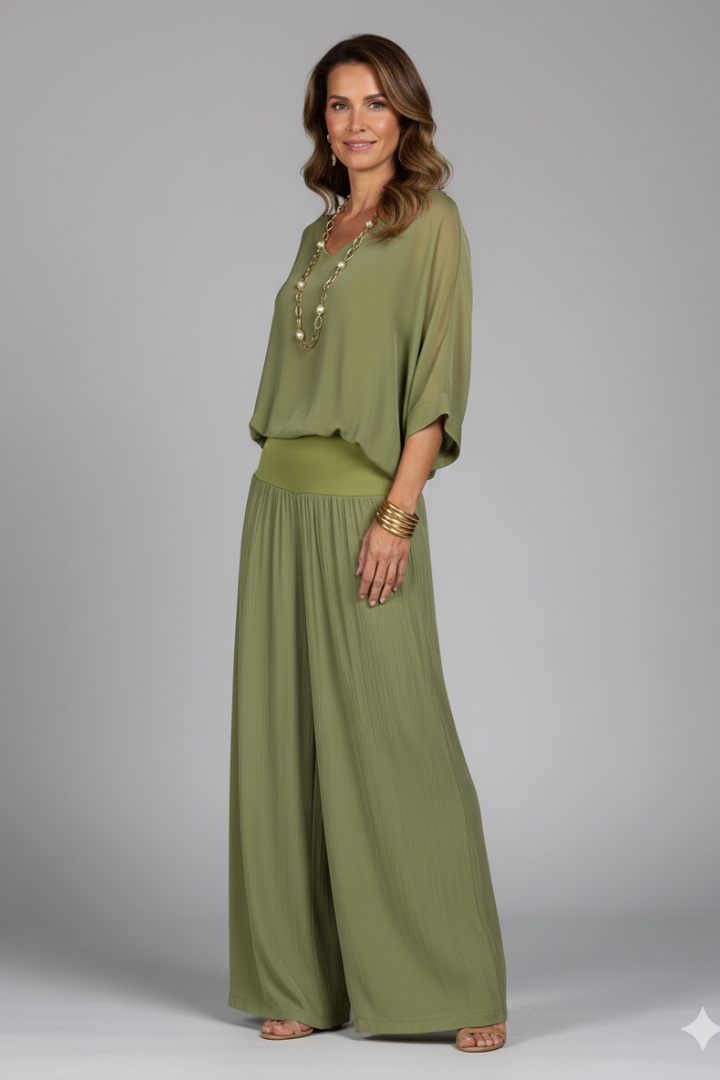 Women’s Elegant Relaxed Fit Draped Wide-Leg Set | Two-Piece