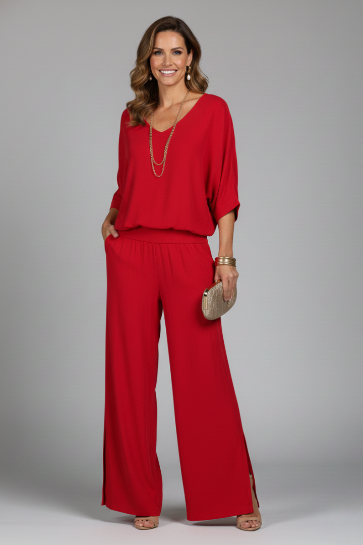 Women’s Elegant Relaxed Fit Draped Wide-Leg Set | Two-Piece
