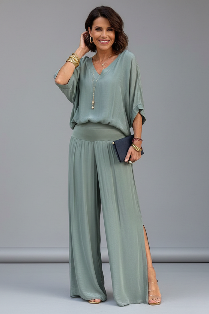 Women’s Elegant Relaxed Fit Draped Wide-Leg Set | Two-Piece