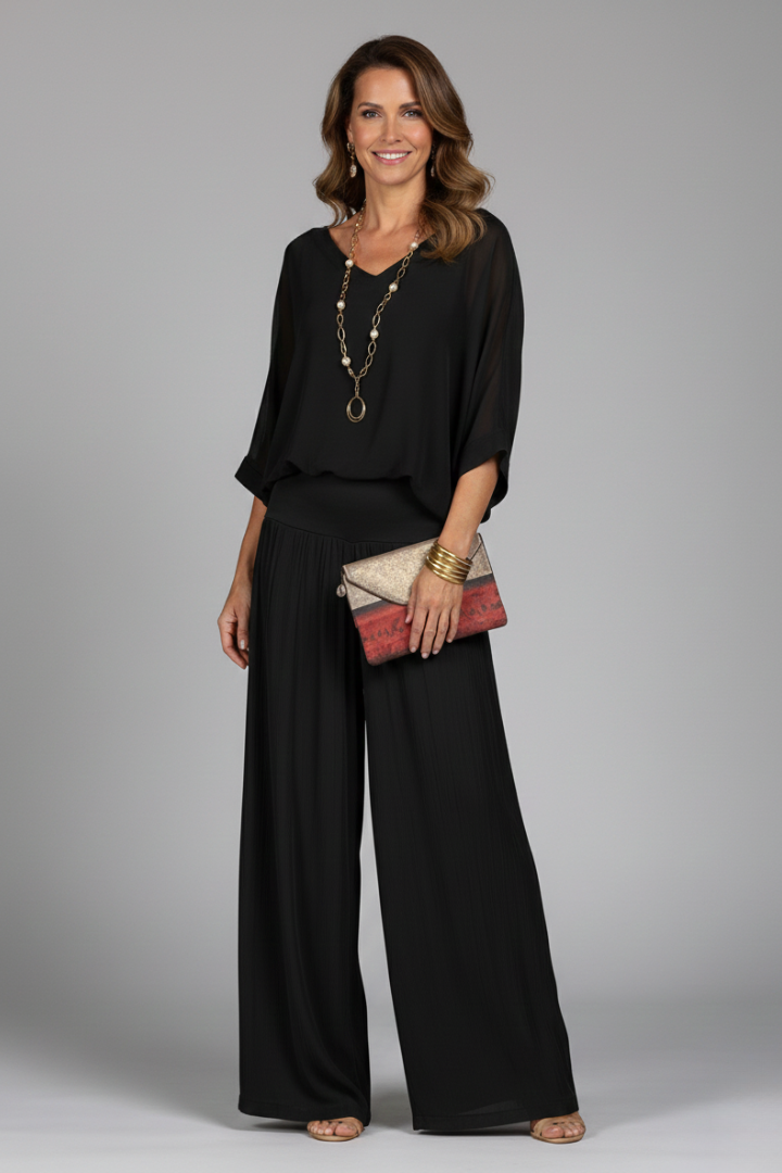 Women’s Elegant Relaxed Fit Draped Wide-Leg Set | Two-Piece
