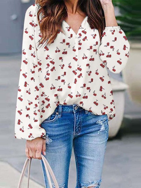 Women's Casual Cherry Print Shirt | Button-Front