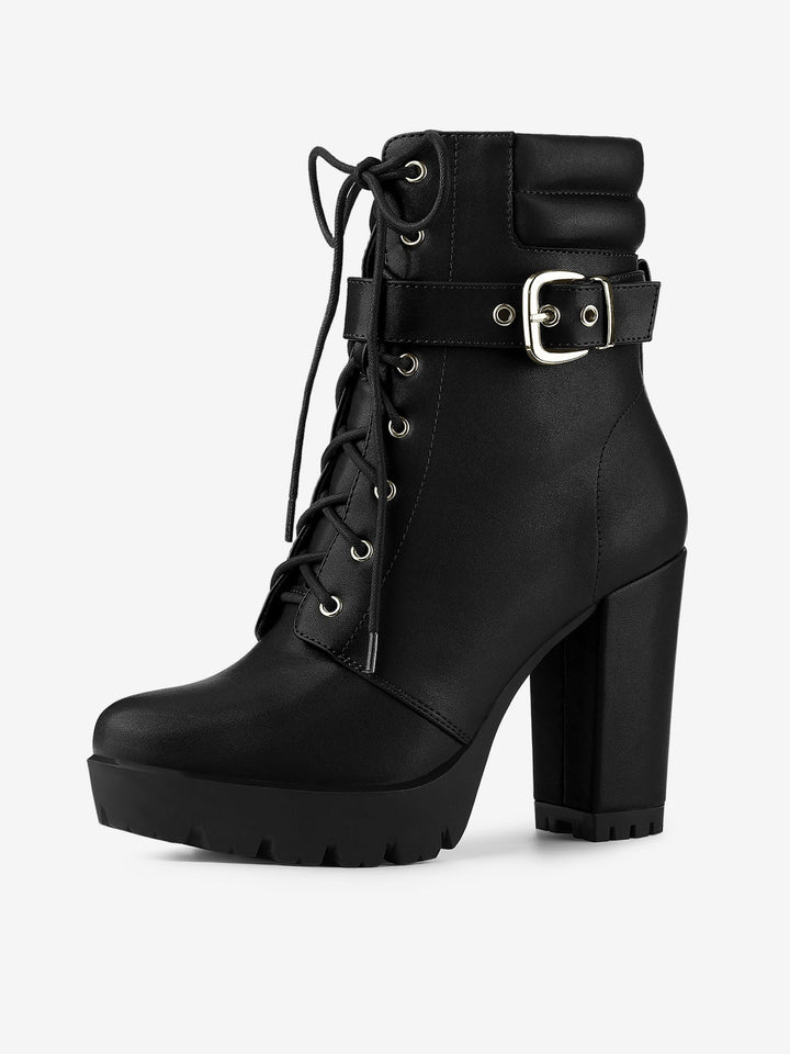 Women's Lace-Up Buckle Platform Ankle Boots | High Heel