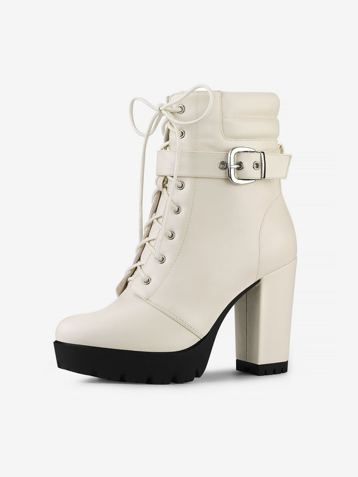 Women's Lace-Up Buckle Platform Ankle Boots | High Heel