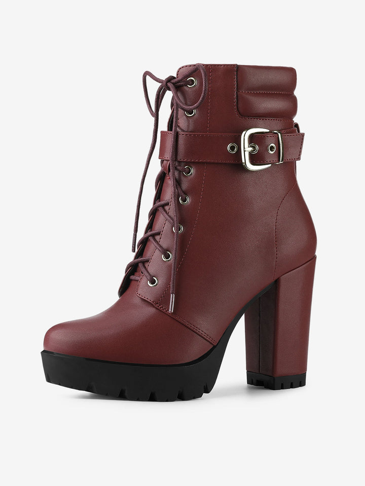 Women's Lace-Up Buckle Platform Ankle Boots | High Heel