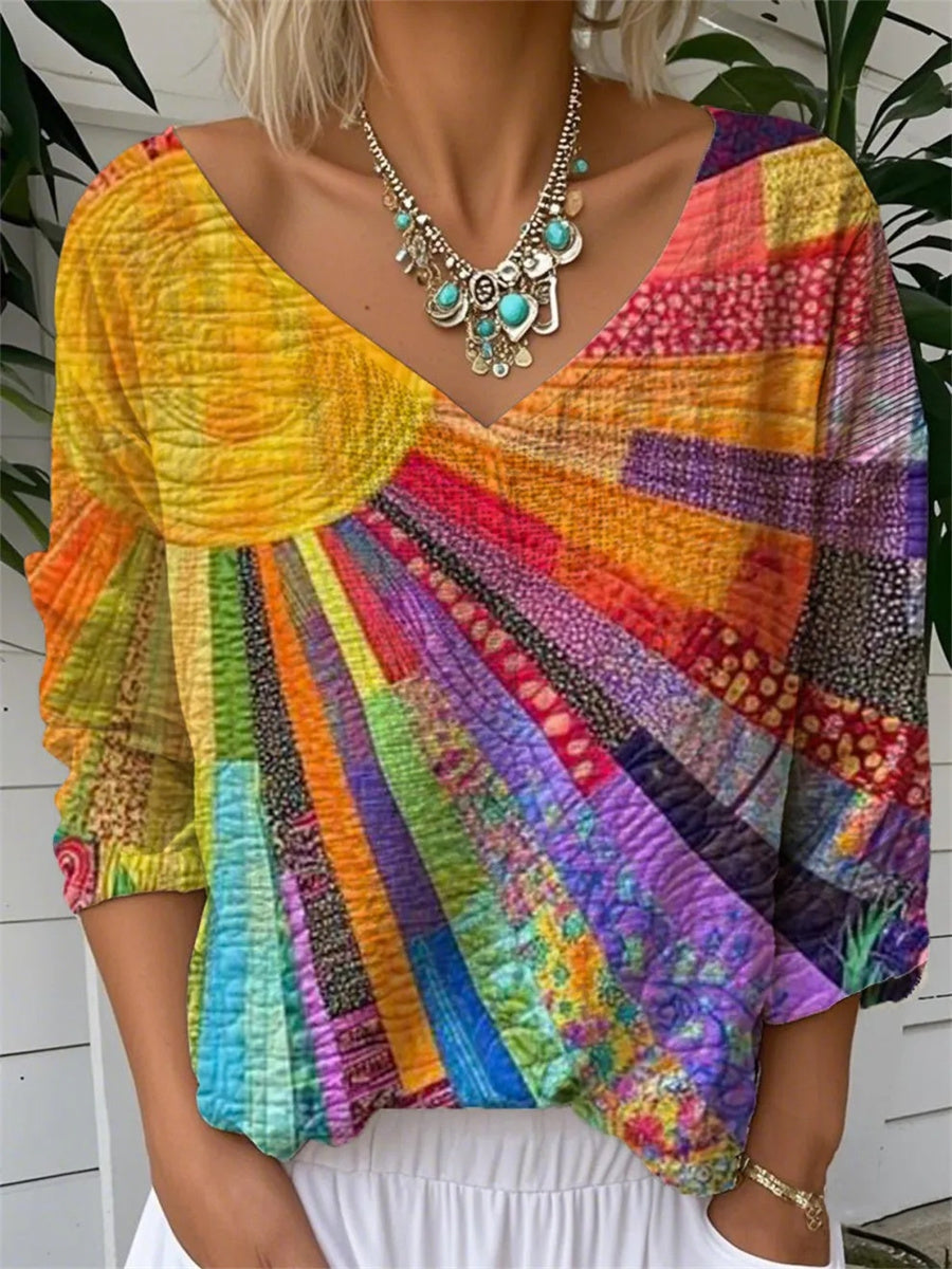 Women's Colorful Patchwork Long Sleeve Blouse | Loose Fit