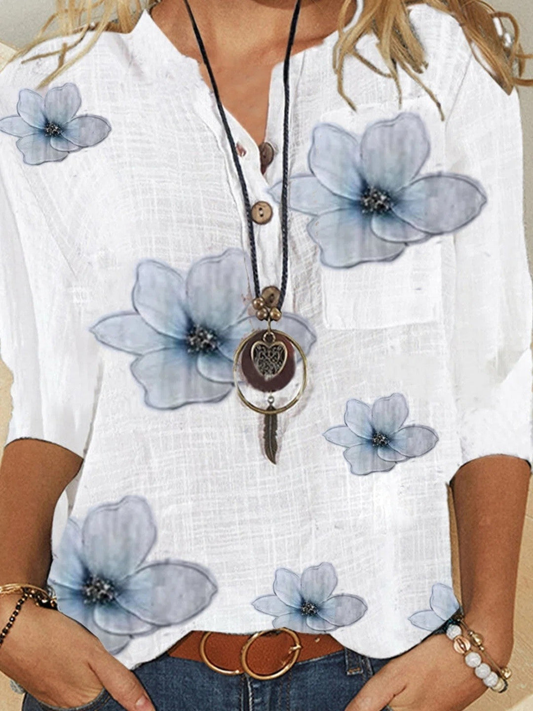 Women's Floral Print Button-Front Blouse | 3/4 Sleeve