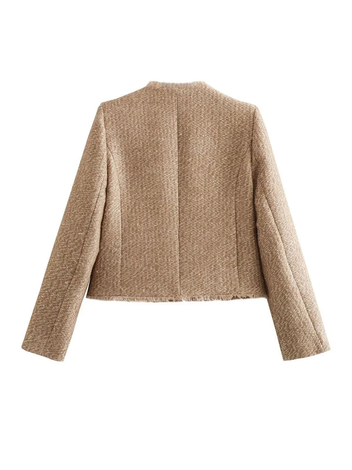 Women's Frayed Trim Tweed Jacket | Collarless