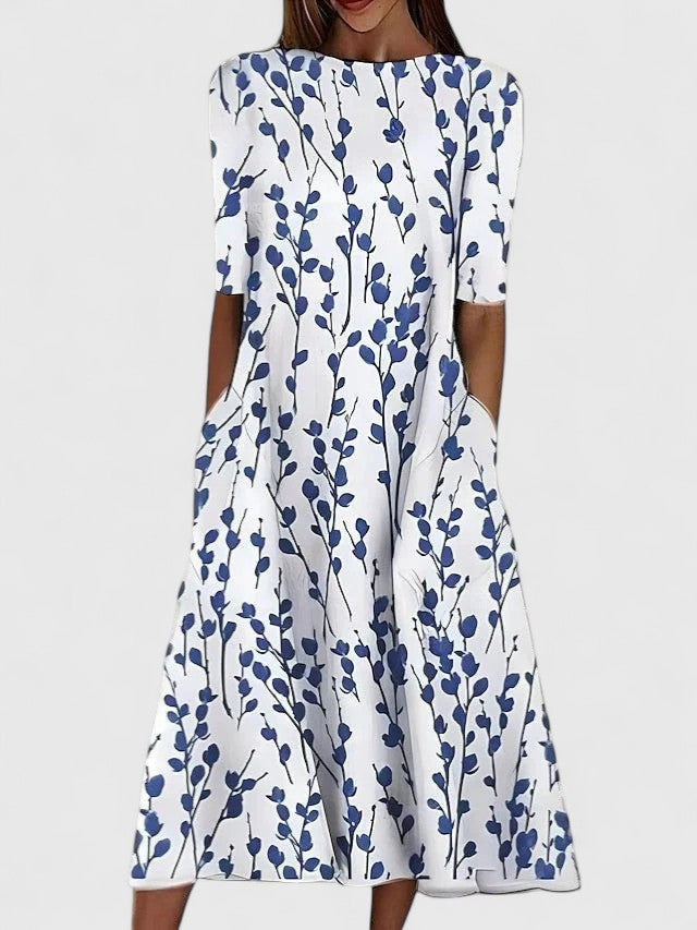 Women's Elegant Spring Floral Round Neck Dress | Midi