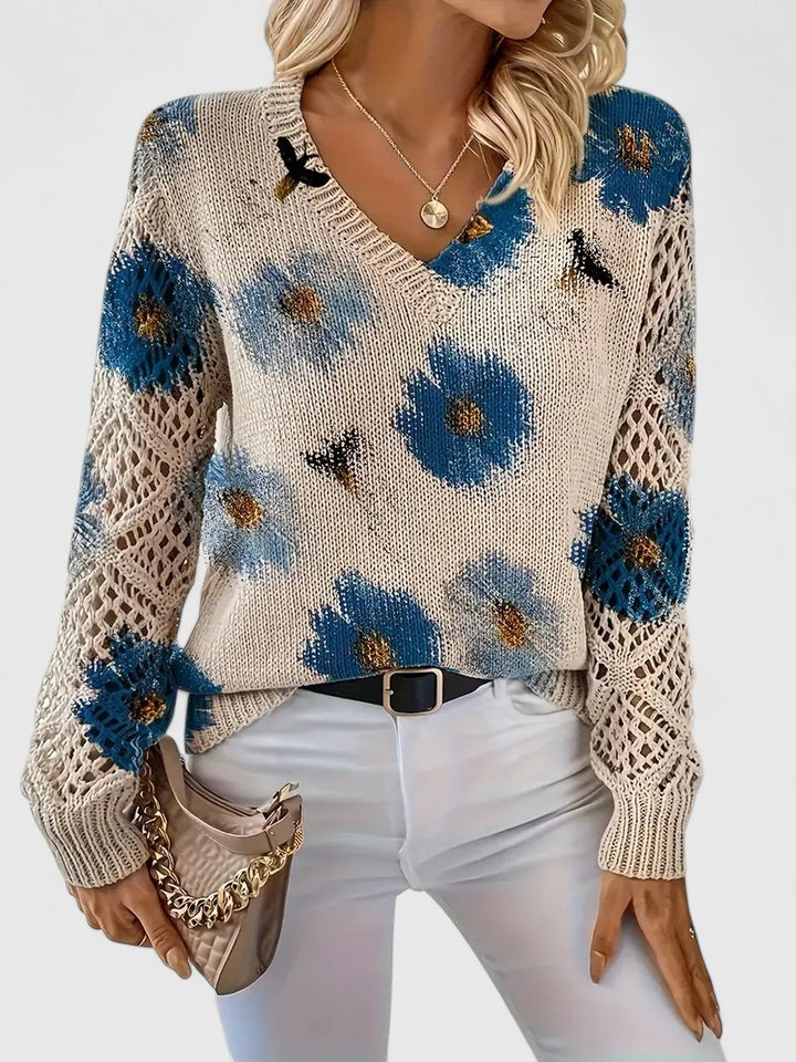 Women's Floral Knit V-Neck Jumper | Long Sleeve
