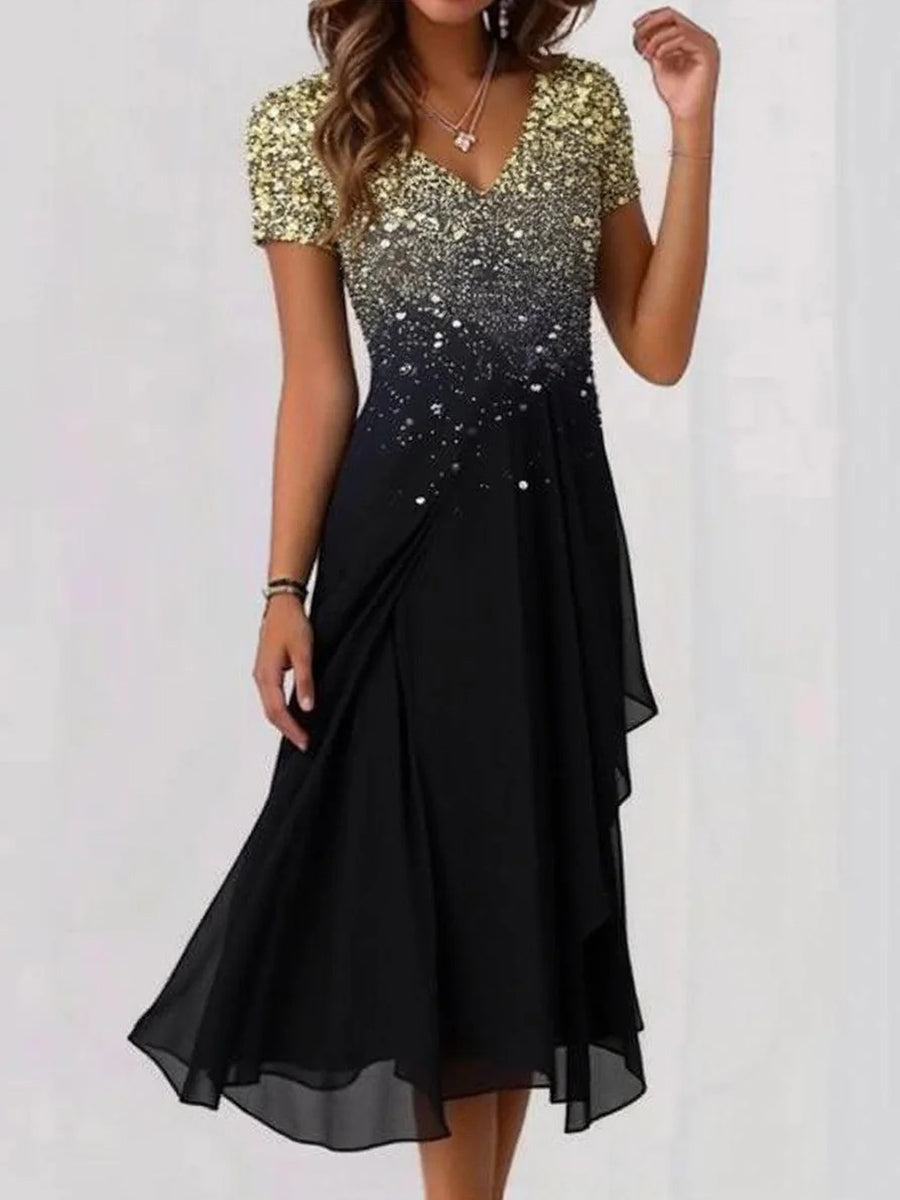 Women's V-Neck Short Sleeves Sequined Dress | Midi
