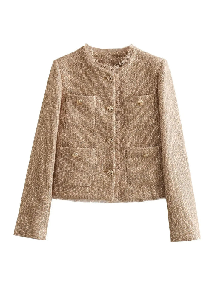 Women's Frayed Trim Tweed Jacket | Collarless