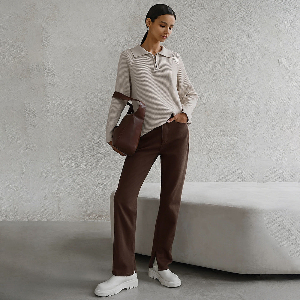 Women's Quarter Zip Polo Jumper | Ribbed