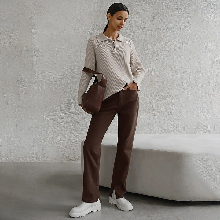Women's Quarter Zip Polo Jumper | Ribbed