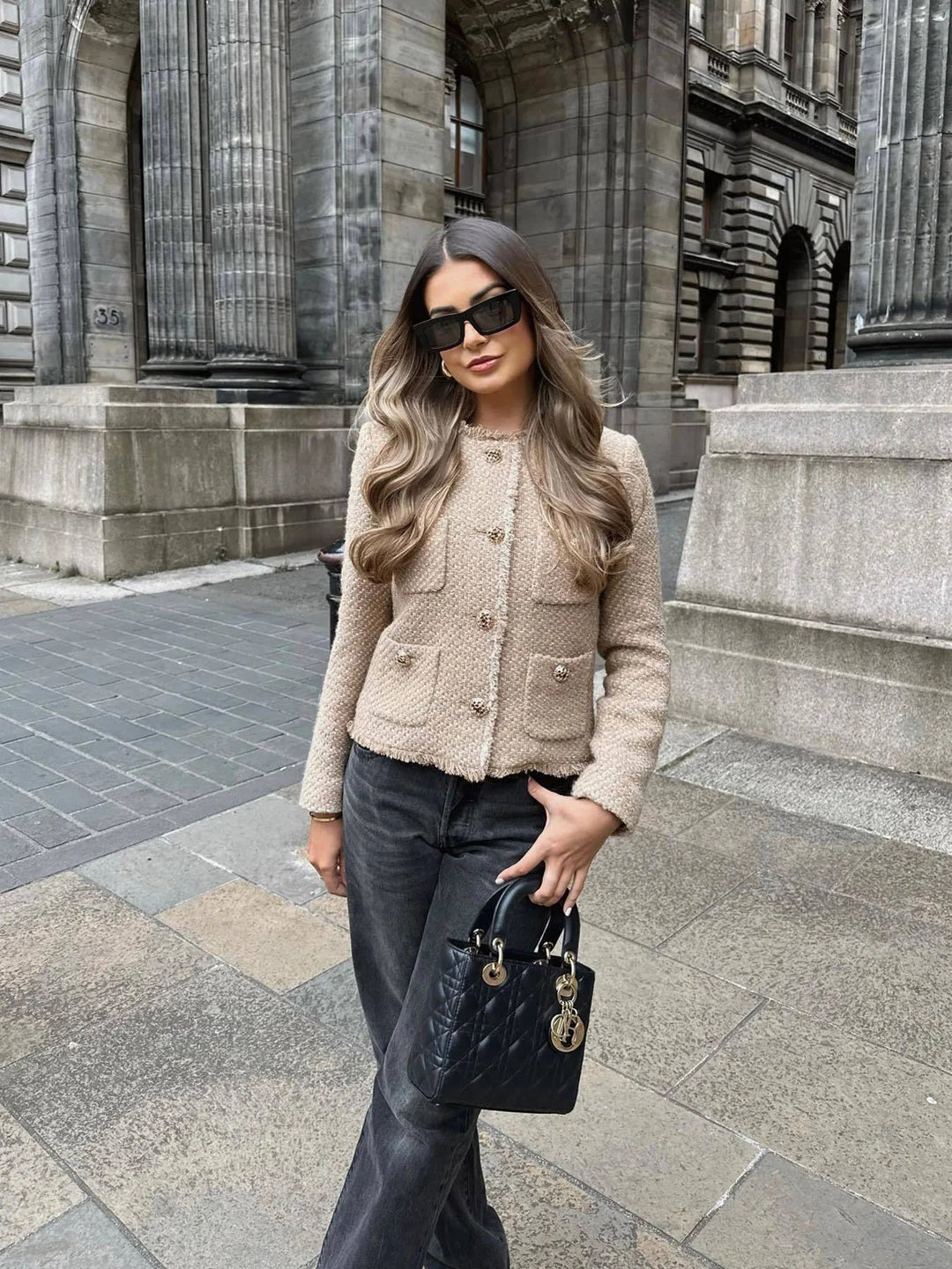 Women's Frayed Trim Tweed Jacket | Collarless