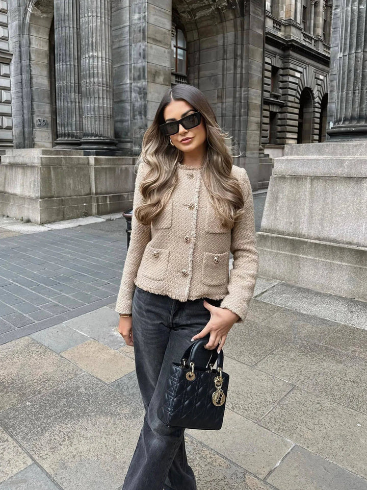 Women's Frayed Trim Tweed Jacket | Collarless