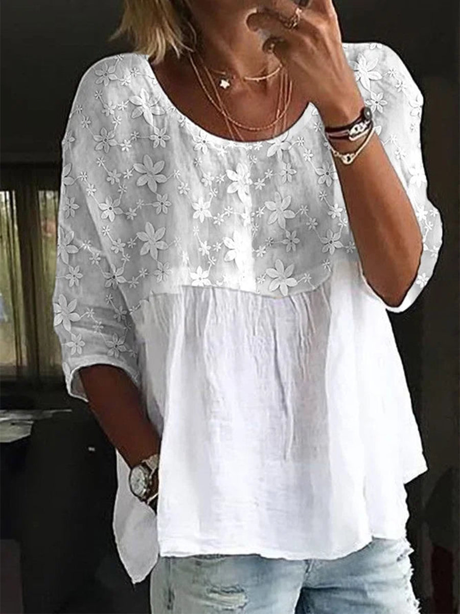 Women's Floral Embroidered Loose-Fit Blouse | 3/4 Sleeve