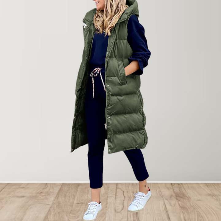 Women's Longline Hooded Puffer Vest | Drawstring Waist