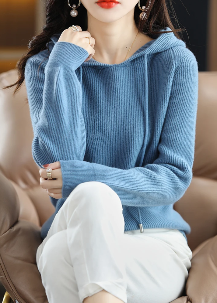 Women's Ribbed Plain Knitted Hoodie | Winter