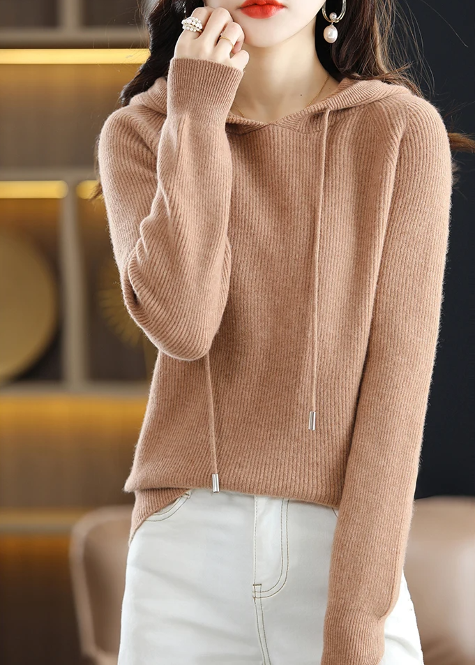 Women's Ribbed Plain Knitted Hoodie | Winter