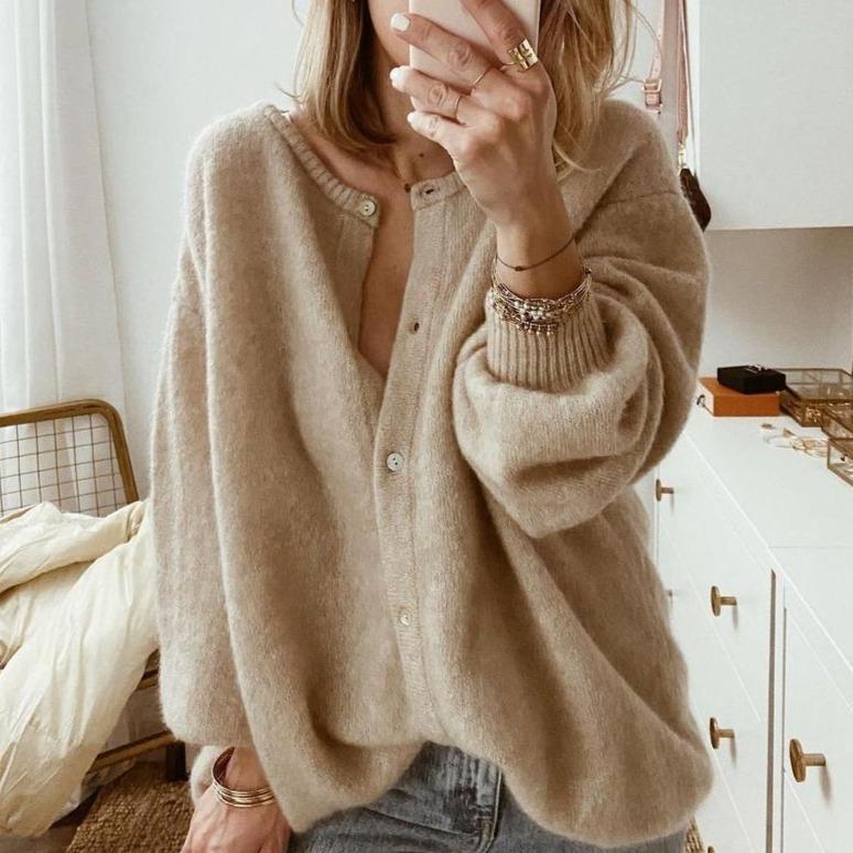 Women's Oversized Button Front Cardigan | Ribbed Trim