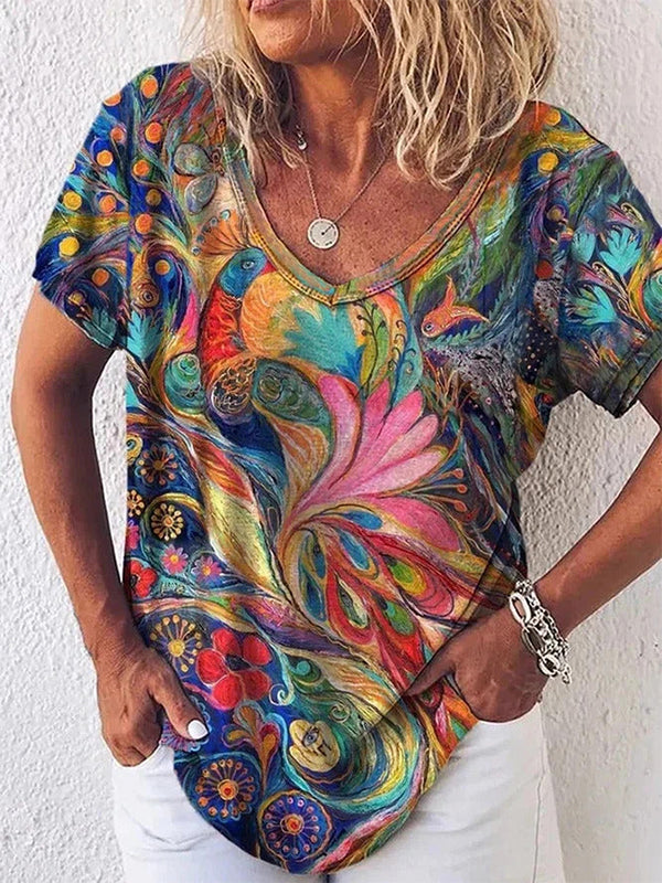 Women's Colorful Abstract Art Print Short Sleeve T-Shirt | V-Neck