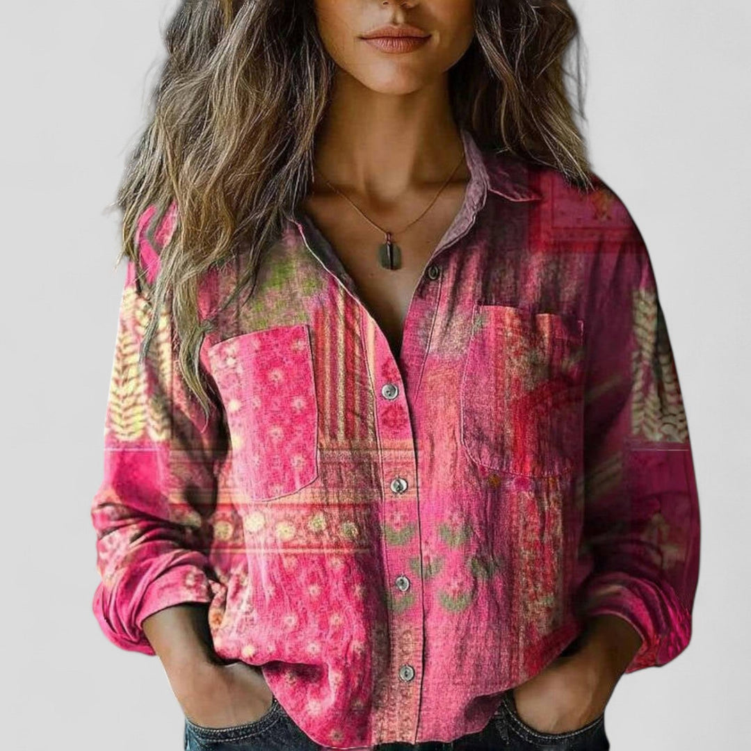 Women's Vintage Boho Print Collared Shirt | Long Sleeves