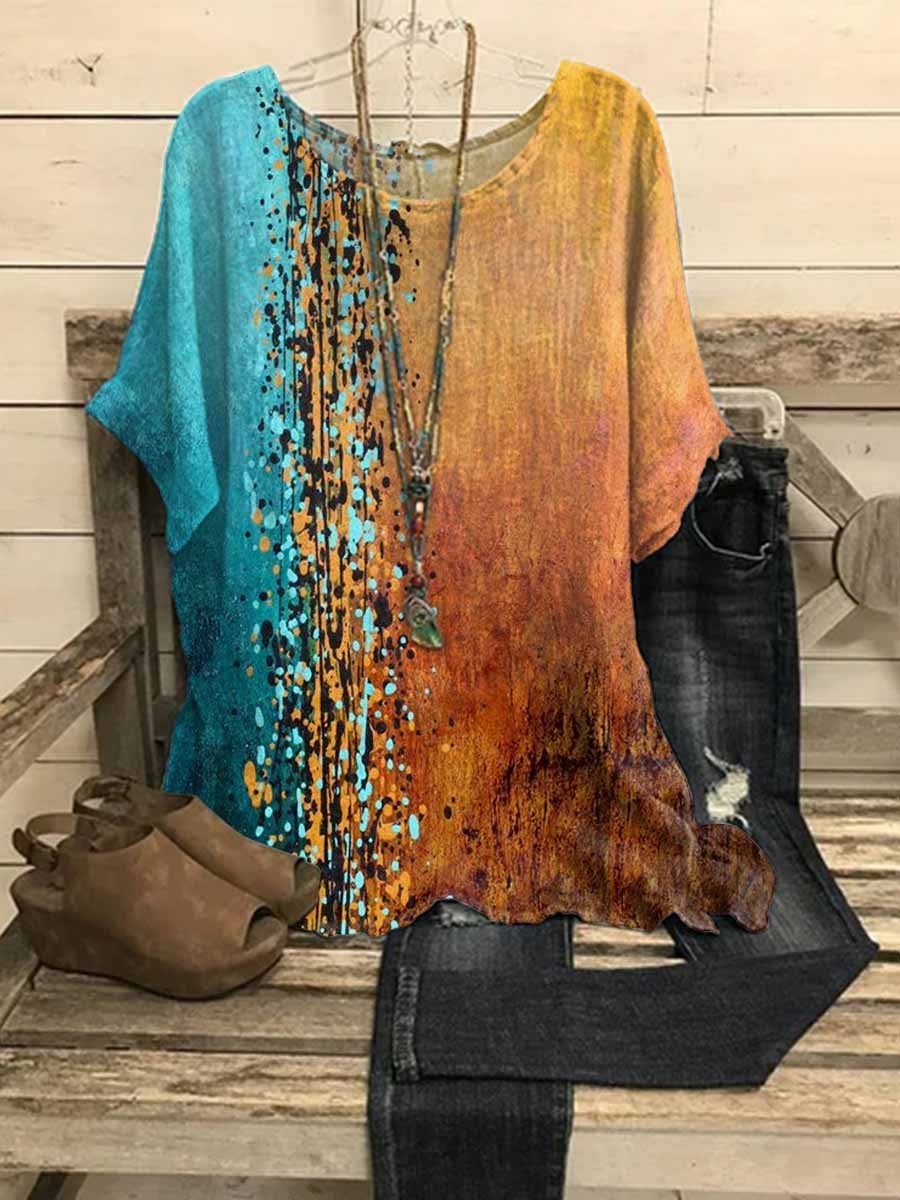 Women's Abstract Print Colorblock Top | Short Sleeves