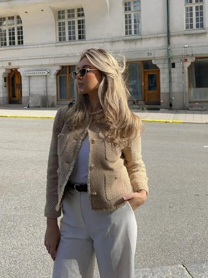 Women's Frayed Trim Tweed Jacket | Collarless