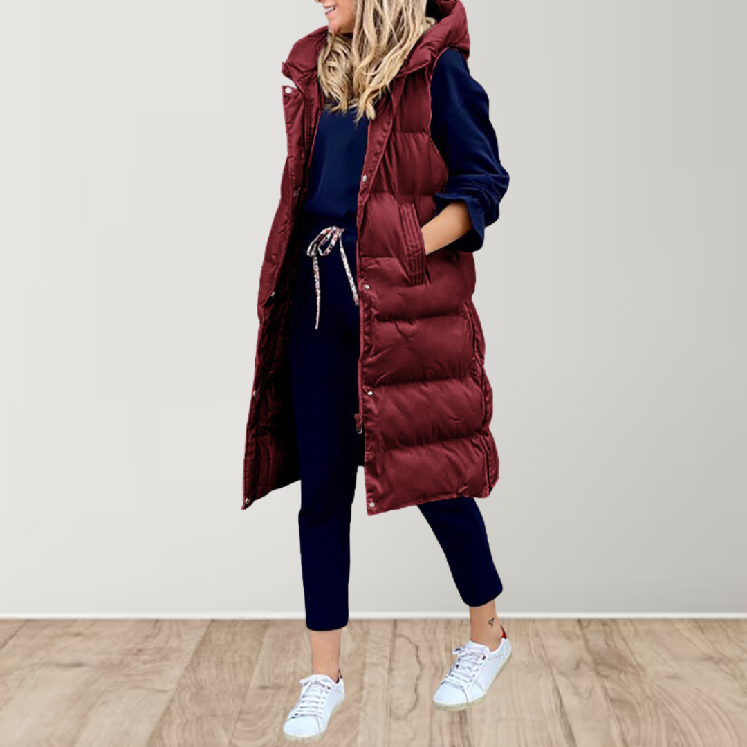 Women's Longline Hooded Puffer Vest | Drawstring Waist