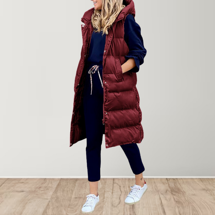 Women's Longline Hooded Puffer Vest | Drawstring Waist