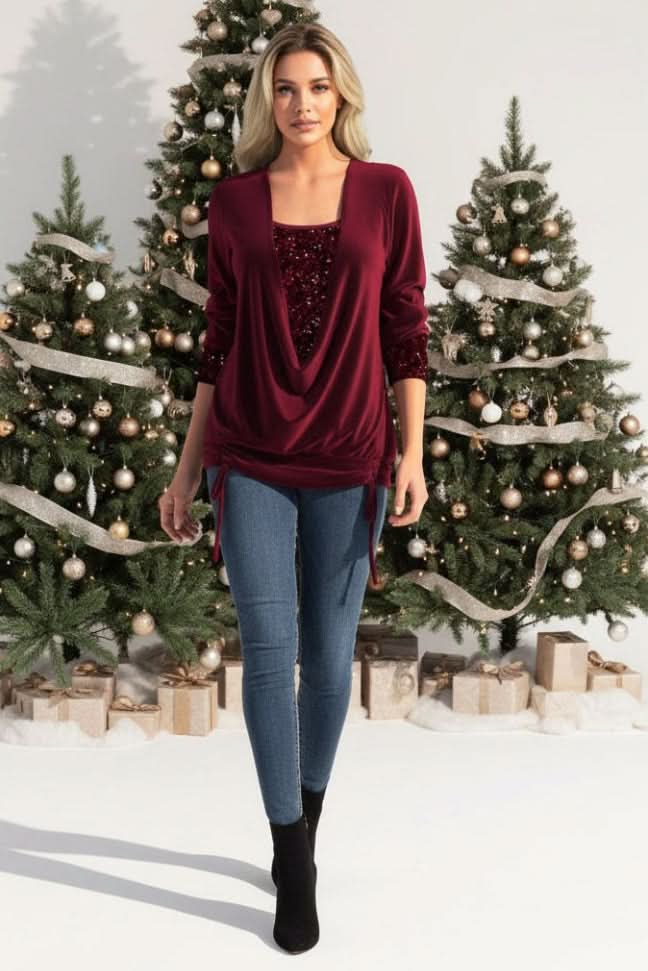 Women’s Deep V Neck Long Sleeve Sequin Top | Sparkly